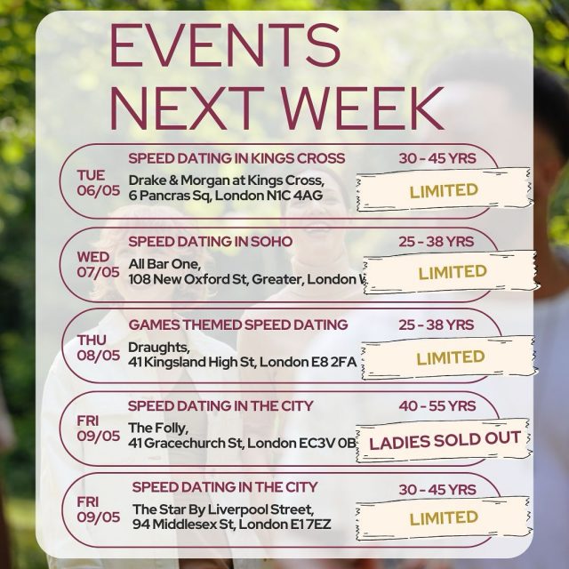 A brand-new week, a brand-new lineup! Are you ready? 

Spots are filling fast — hit the link in bio to grab yours!

#ItsADate #SinglesEvents #MeetNewPeople #LondonDating #RealConnections #ThisWeek