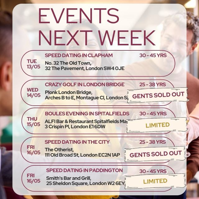 We’re particularly excited about this week! 💫

We’re bringing you brand-new events like our first-ever Boules Evening in Spitalfields and a Singles Party for 40–65 (already fully booked for ladies!). With something for every age group, fresh formats, and the tried-and-true favourites… this week has it all. 

Hit the link in the bio and plan your week…

#ItsADate #SinglesEvents #BoulesNight #SinglesParty #LondonDating #RealConnections #SpeedDating #MeetNewPeople #DatingInLondon