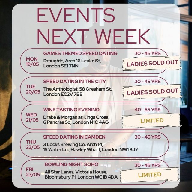 If you don’t mind us saying… the best venues + great hosts = amazing events

This week, we’ve got 7 fantastic events across London — from speed dating to wine tasting, singles parties to Bowling in Soho.

What do they all have in common?
You’ll have a great time.

#ItsADate #LondonDating #SinglesEvents #MeetNewPeople #RealConnections #SpeedDating #SinglesParty #WineTasting #ParkWalks #BestOfLondon
