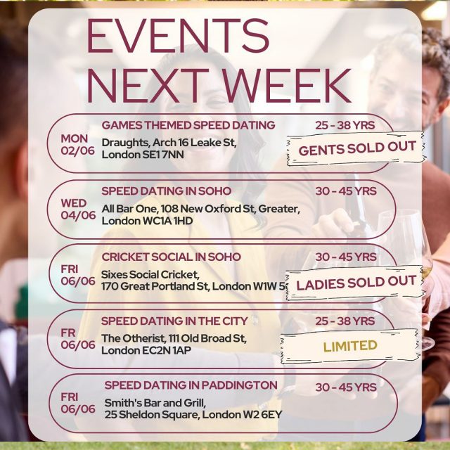 Speed Dating, Games Night, Cricket Social — and our famous Singles Party in Battersea.

June is here, and we’re kicking it off in style. Let’s go!

#ItsADate #SinglesEventsLondon #SpeedDating #GamesNight #CricketSocial #SinglesParty #MeetNewPeople #RealConnections #LondonDating #JuneVibes