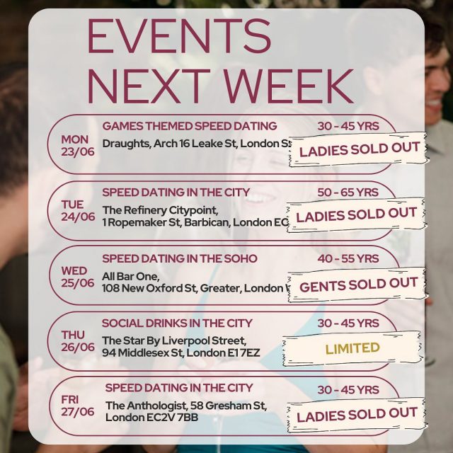 One more week, another round of super events… and many are already sold out! 

But there’s one in particular we’ve all been waiting for… Social Drinks in the City ✨

This Thursday, we’re (almost) kicking off the weekend with 40 outgoing single guests, relaxed after-work vibes, and a fun mingling card game designed to spark real conversations and effortless connections.

Think of it as our singles party’s cooler, more spontaneous sibling — for the 30 to 45 crowd. Don’t miss it.

Tickets are flying — grab yours now via the link in bio.

#ItsADate #SinglesEventsLondon #SocialDrinks #AfterWorkDrinks #LondonDating #MeetNewPeople #RealConnections #30to45 #DatingInTheCity