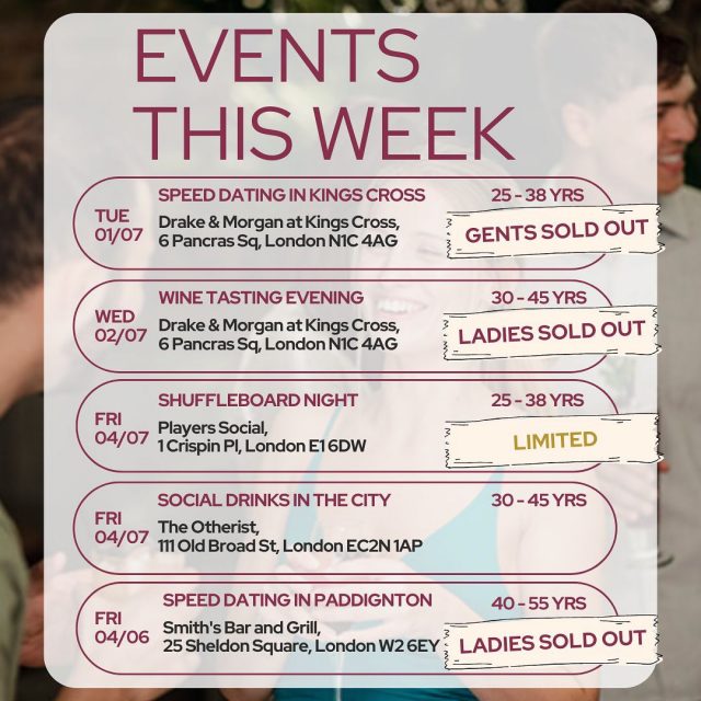 July is here — and so are seven amazing events this week! 
From wine tasting to our buzzing Singles Party and a relaxed Park Walk, there’s something for everyone.

Some are already sold out… so what are you waiting for? Grab your ticket now before they’re gone!

#ItsADate #LondonDating #SinglesEvents #WineTasting #ParkWalk #SinglesParty #MeetNewPeople #JulyPlans