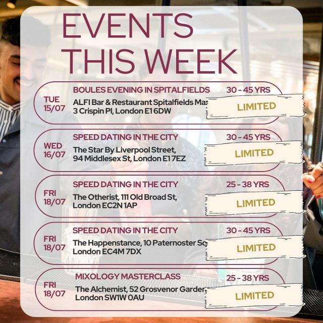 Big week ahead! 🎉 From fun socials to speed dating, we’ve got a stacked line-up — and the one we’ve all been waiting for: our Singles Party for 30 to 45 is happening this weekend. 

These events fill fast, so if you’re single and ready to mix — you know what to do.

#ItsADate #SinglesParty #LondonEvents #SpeedDating #MeetNewPeople #30to45Dating #LondonSingles
