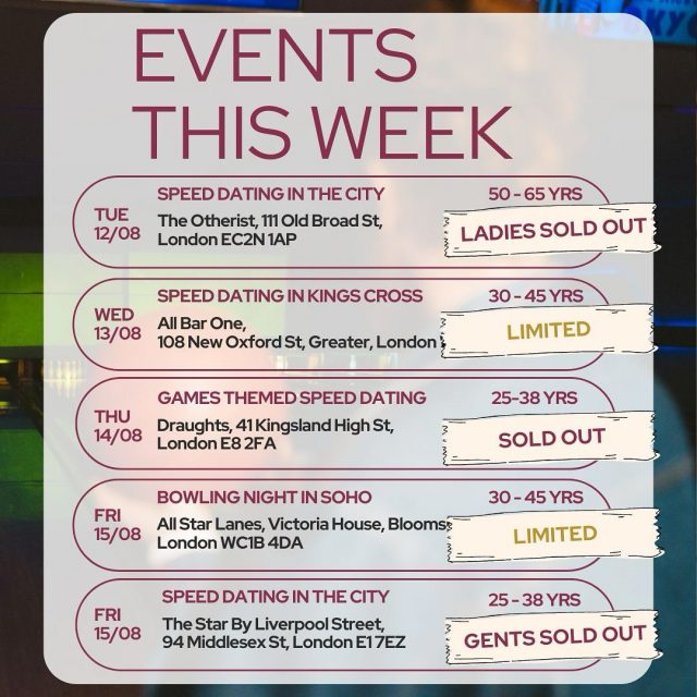 🎉 This Week at It’s a Date…

Speed dating, bowling, and games-themed nights — three ways to meet amazing people, all in one week 💛 Whether you’re here for the friendly competition, the flirty chats, or just a great night out, we’ve got you covered.

🎟️ Hit the link in our bio to see what’s on and grab your spot before it’s gone!

#ItsADateLDN #SpeedDating #BowlingNight #GamesNight #LondonSingles #DatingEvents #MeetNewPeople #RealConnections #SinglesInLondon #LondonDating