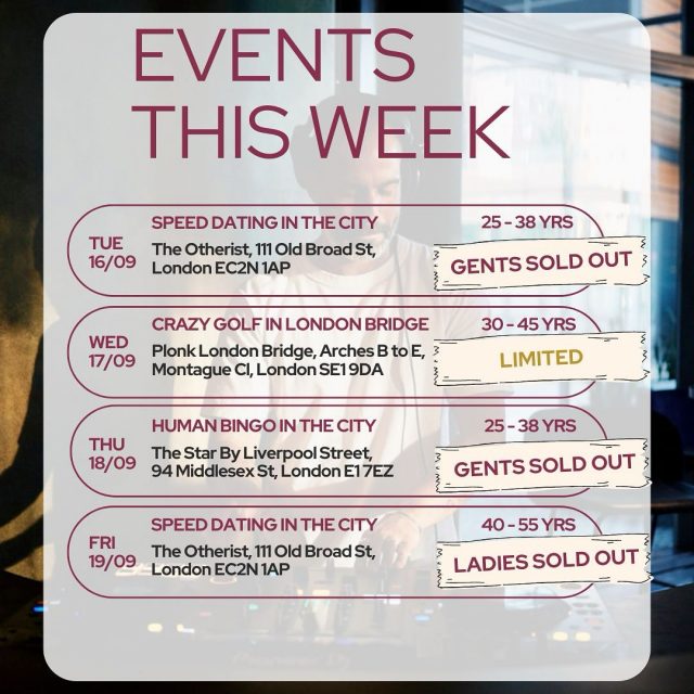 This week we’re back with a full line-up of events — and it’s a busy one!

✨ Speed Dating (all ages)
✨ Crazy Golf
✨ Human Bingo
✨ Bowling Night
✨ Singles Party 🎉

We’ll be busy hosting… and you’ll be busy meeting new people, and finding your match…

🎟️ Hit the link in our bio to book before they sell out!

#ItsADateLDN #LondonDating #DatingEvents #SinglesInLondon #SpeedDating #SinglesParty #MeetNewPeople