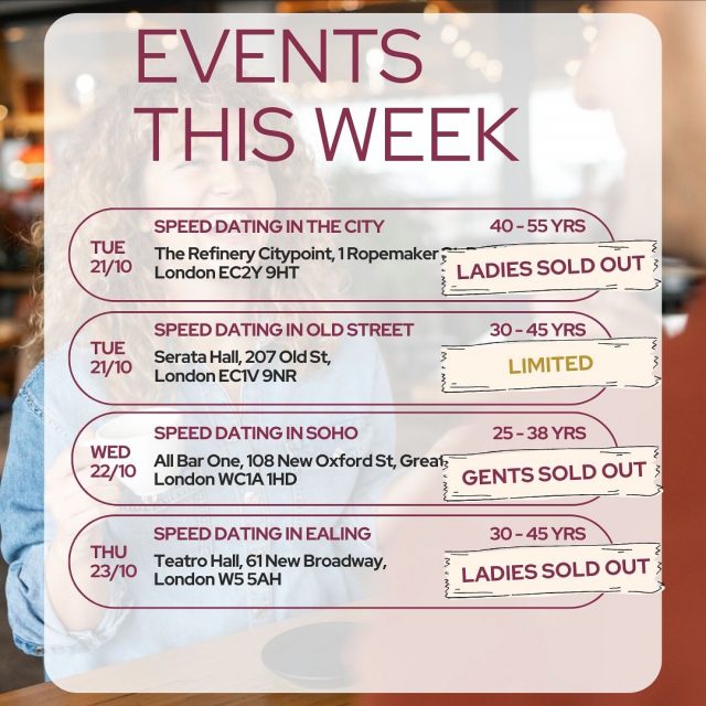 This Week - Our Manchester speed dating is back (and gents are sold out 👏), plus our first Coffee Club lands next Saturday ☕

Plenty of chances to meet someone new… 

#ItsADate #DatingEvents #SinglesNight #ManchesterSingles #LondonDating
