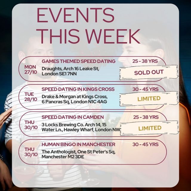 You know us — we love trying new things…
This week we’re bringing Human Bingo to Manchester for the very first time (this Thursday!) 🎉
And back in London, our Singles Party in The City is taking over this Friday 💫
Now that’s what we call a great week!
#ItsADate #DatingEvents #SinglesParty #ManchesterSingles #LondonSingles #HumanBingo #MeetNewPeople #RealConnections #SinglesEvents