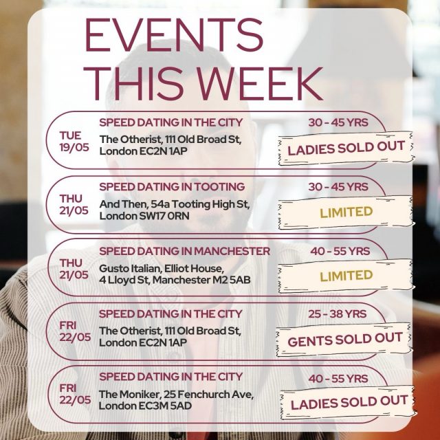 Speed Dating Week is here 😉

Different age groups.
Different venues.
One goal — meeting someone in real life. 💛

Less swiping. More real conversations.

Link in bio for all upcoming events.