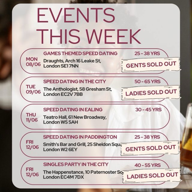 What a week ahead. 💛

Whatever your age, whatever your dating style, we’ve got an event for you. 😉

The only question is… which one are you joining?

Reserve your spot at www.itsadate.club